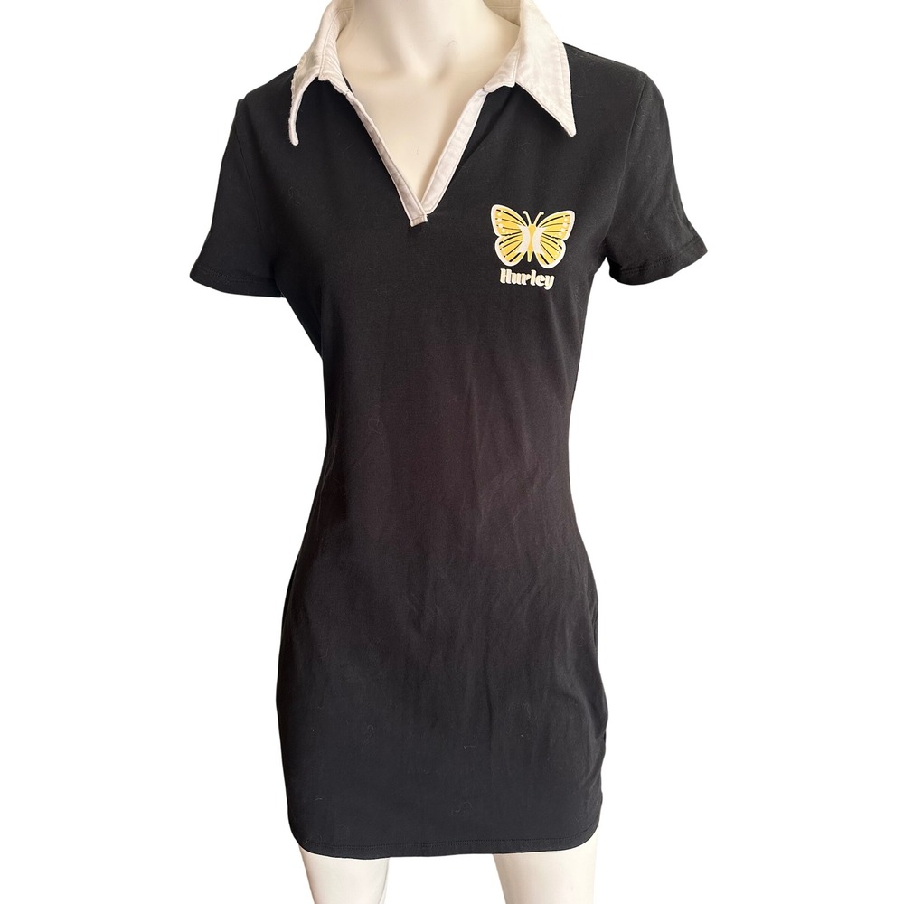 Hurley Womens Black Butterfly Graphic Polo Mini Dress Small Short Y2K 90s Sporty